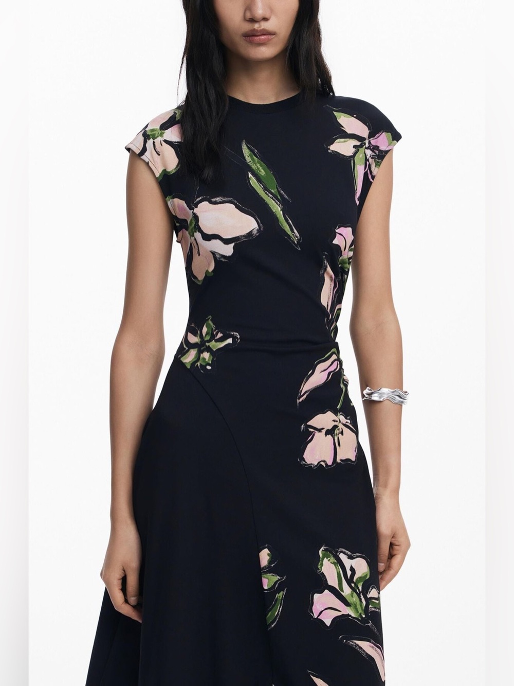 Desigual Irregular Floral Midi Dress Women’s XL Black Asymmetrical NWOT - Picture 2 of 10